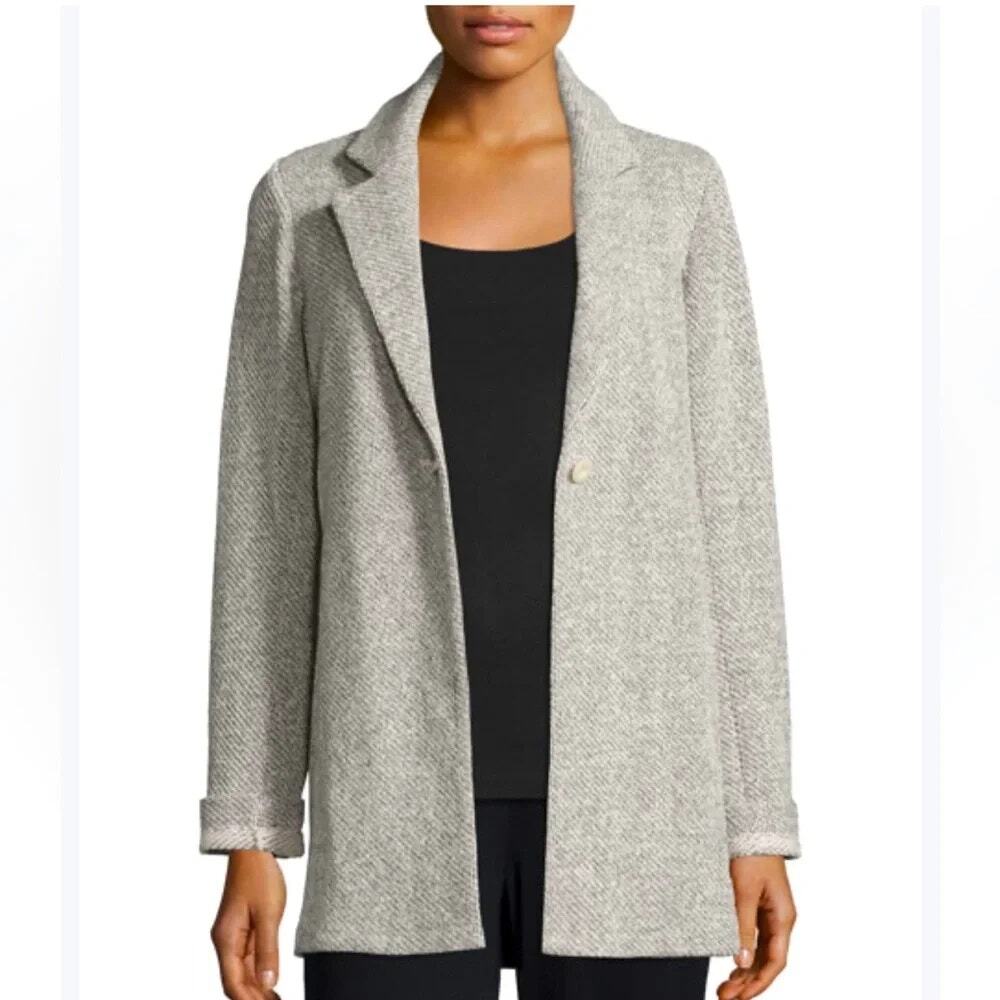 Eileen Fisher Terry Blazer Jacket Cardigan Sweater Knit Cotton Gray Size XS